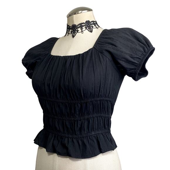 Gothic Whimsigoth VIctorian Milkmaid Ruched Puff Sleeve Cropped Blouse - Picture 2 of 14